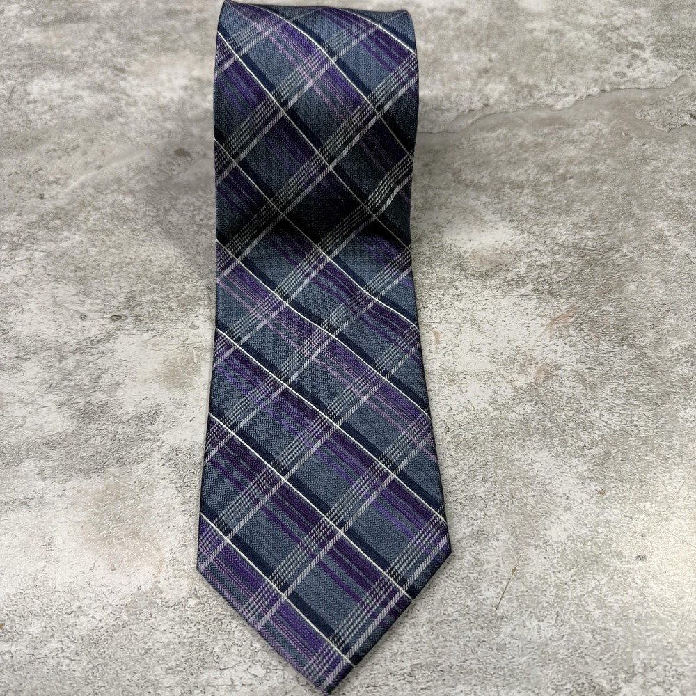 Pronto Uomo Tie Mens‎ One Size Blue Purple Plaid 100% Silk Woven Classic Necktie